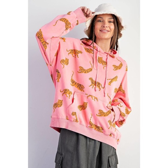 easel Tops - Tiger Pink Washed Terry Hoodie Pullover - Regular and Plus